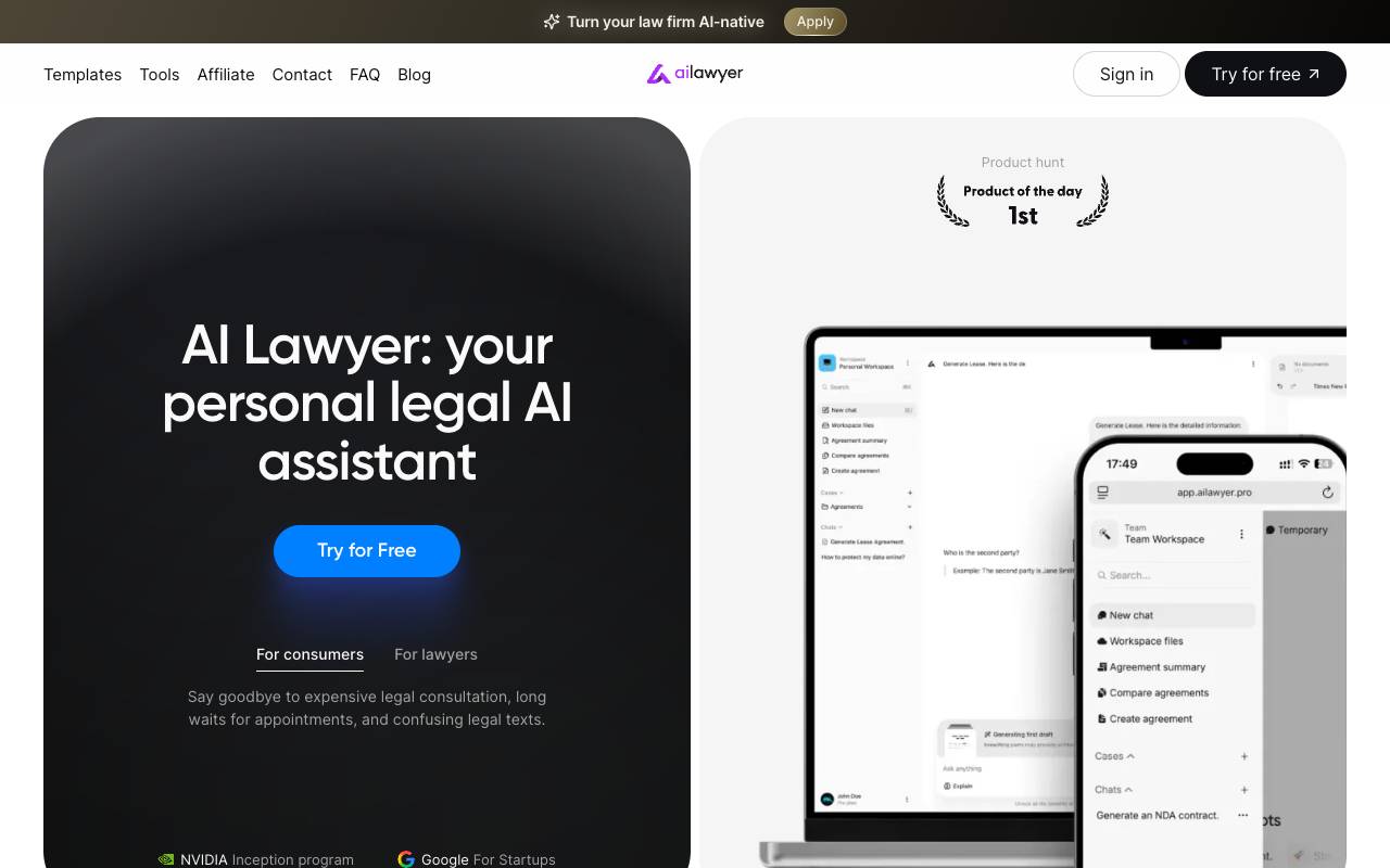 AI Lawyer homepage