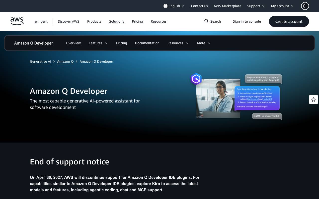 Amazon Q Developer homepage