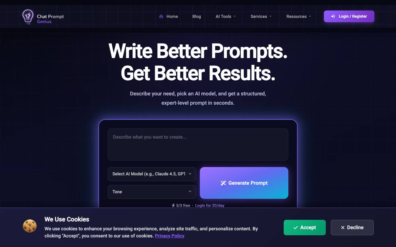 Chat Prompt Genius homepage