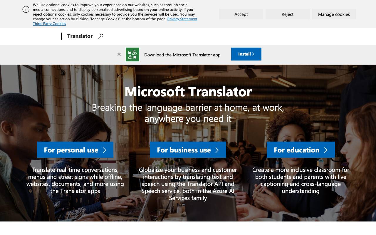 Microsoft Translator homepage