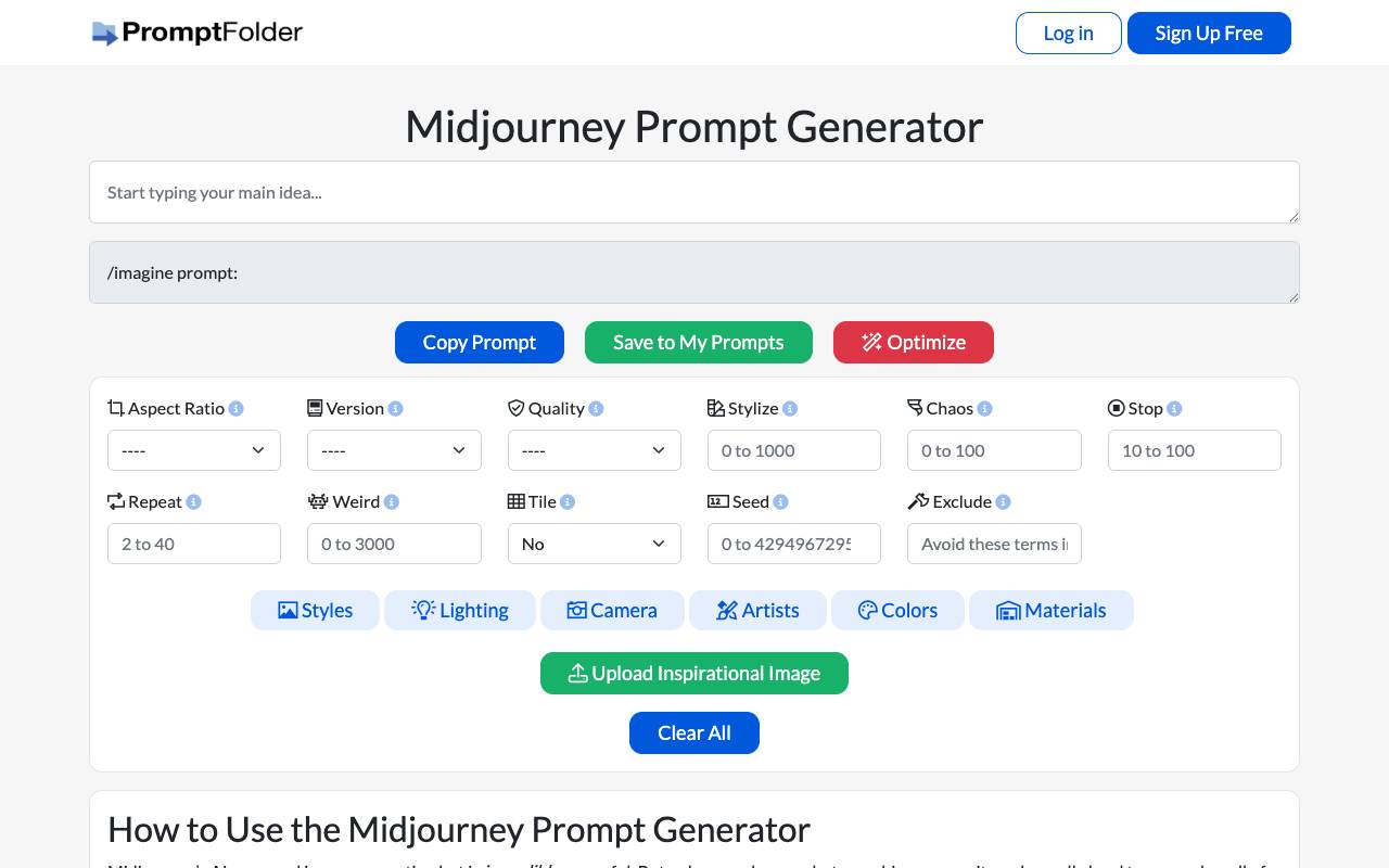 Midjourney Prompt Helper homepage
