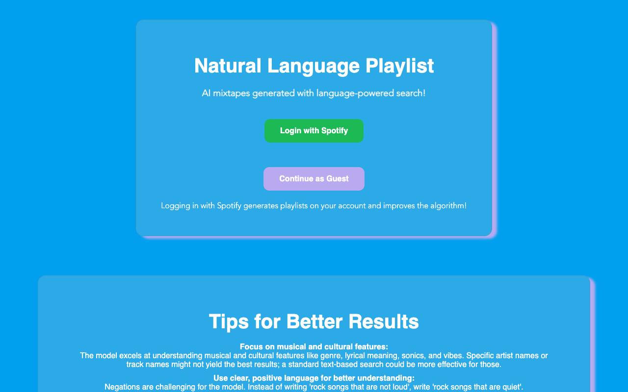 Natural Language Playlist homepage
