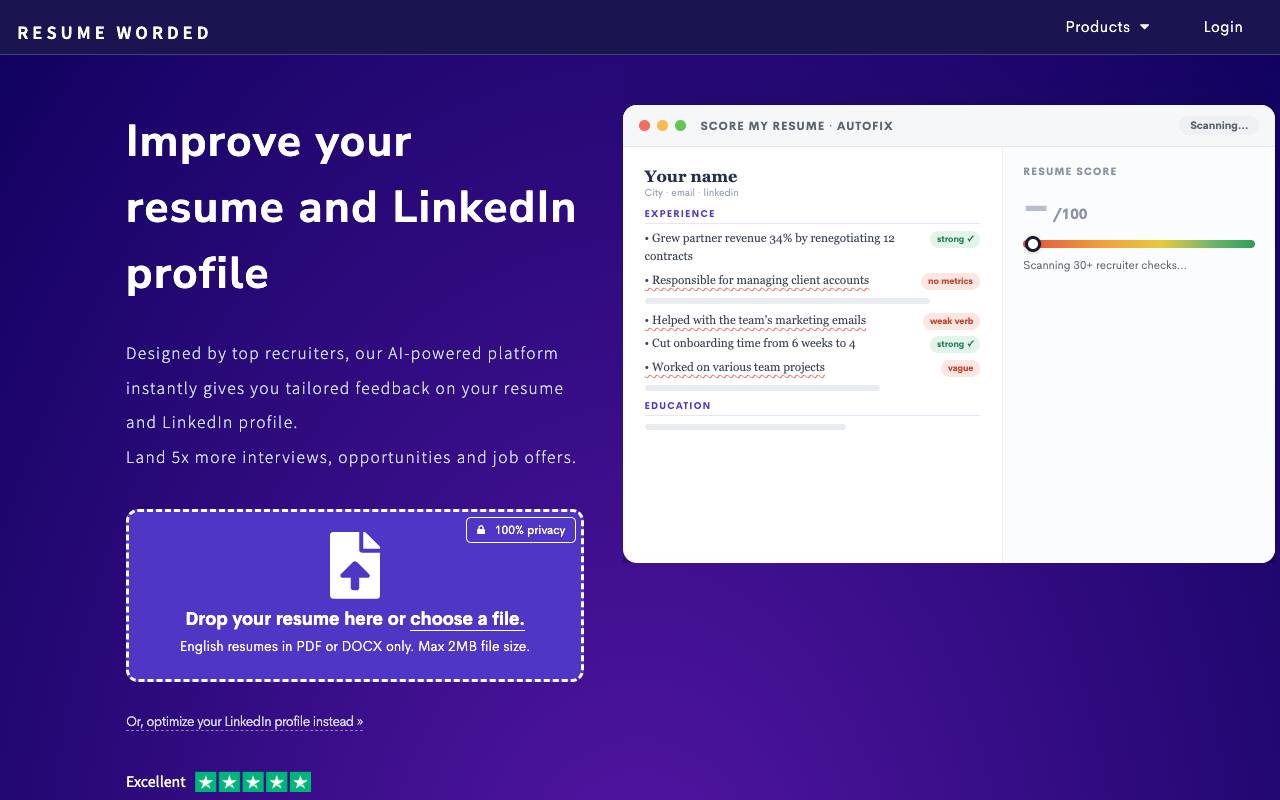 Resume Worded homepage