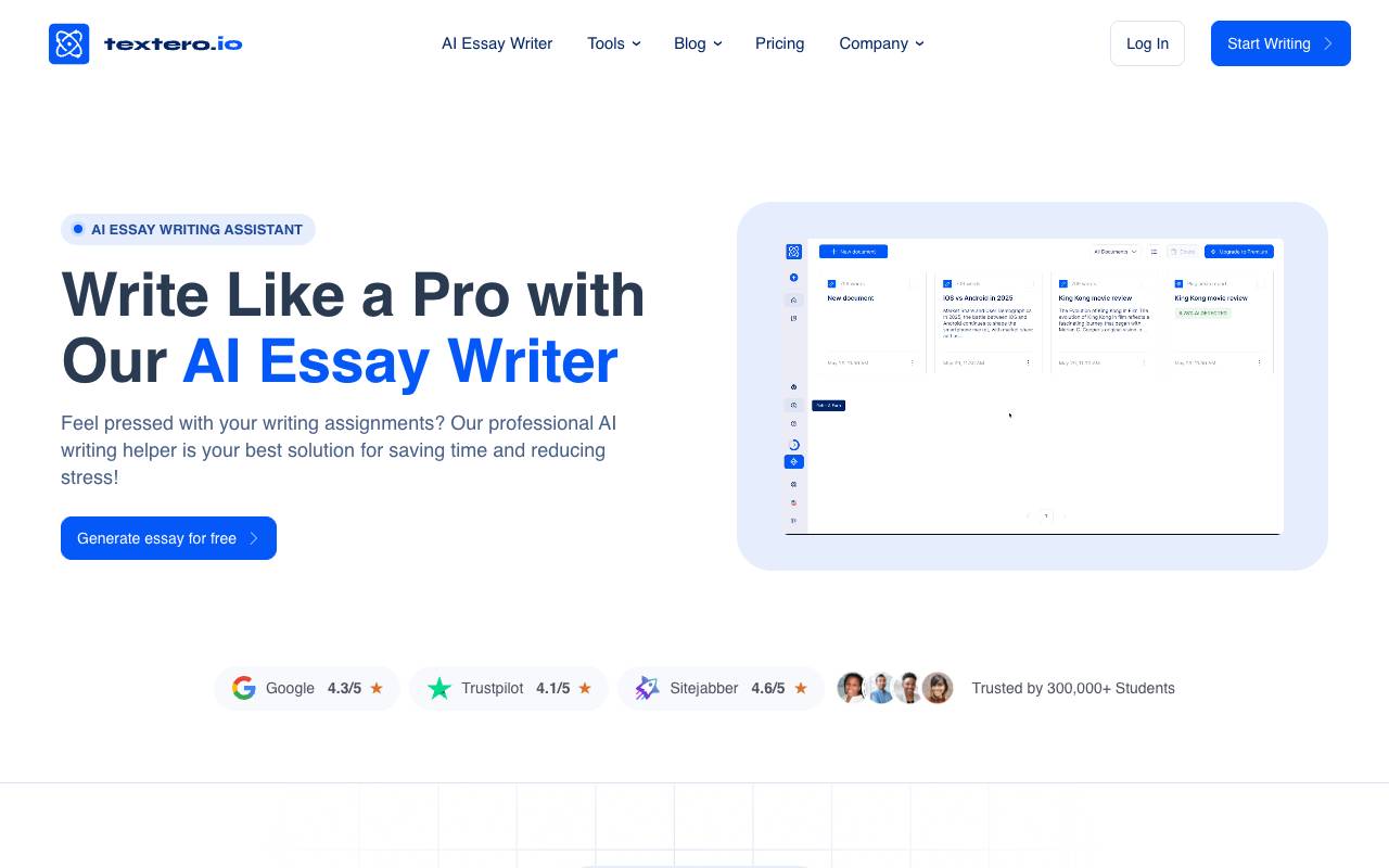 Textero AI Essay Writer homepage