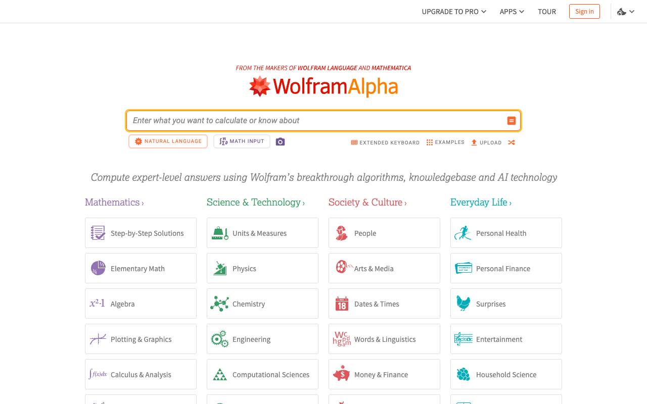 WolframAlpha homepage