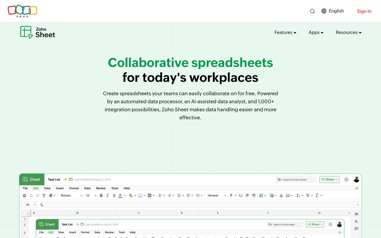 Zoho Sheet homepage